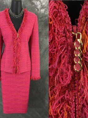 BEAUTIFUL St John collection knit pink multi fringe jacket skirt suit size 6 8